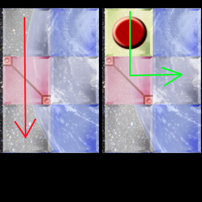 Two pictures of a red deflector. In the first, the meteor flies straight down through it, because it's switched off. In the second, the meteor has crossed a Red Switch first, and the deflector turns it to the right.