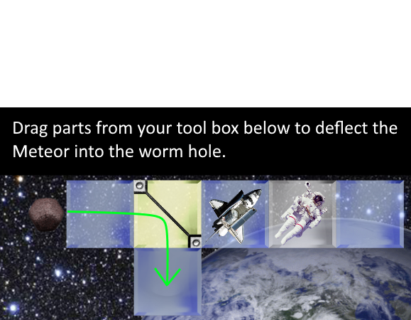A strip of the board: the meteor flies right into a deflector, which turns it down towards the square below, next to a shuttle and an astronaut.